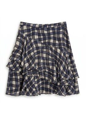 DKNY Silk Ruffle Skirt Size 8 NWT Black Cream Plaid